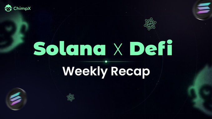 A graphic titled "Solana X Defi Weekly Recap" featuring ChimpX branding and decorative monkey/particle motifs on a dark background. The image serves as the cover for a weekly Solana DeFi update, highlighting topics like ETF inflows ($8.8M on Aug 10, $1.15B cumulative) and the Agave v4.2 network upgrade mentioned in the post.