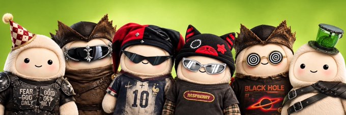 Six plush toys dressed in various themed outfits—including one wearing a "RASPBERRY" shirt and another with a "BLACK HOLE 07" jersey—are lined up against a green background. The image promotes a free mint giveaway from @RobinhoodMuse, using the colorful, collectible characters to attract participants to the contest.