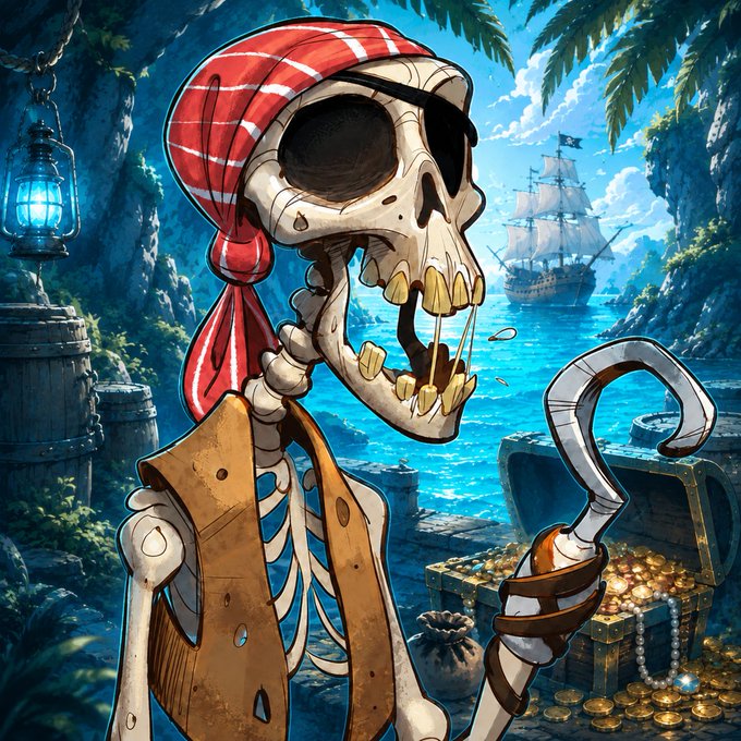 A cartoon skeleton pirate wearing a red bandana stands in a tropical cove, drooling over a treasure chest of gold coins while holding a hook hand, with a pirate ship sailing in the background.