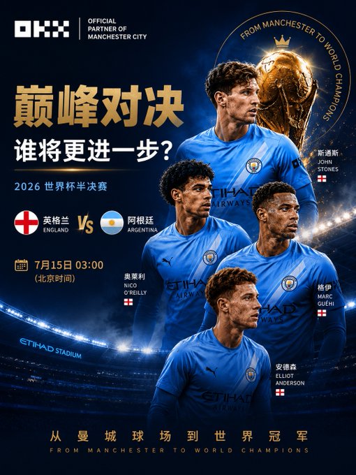 Promotional poster featuring Manchester City players Stones, O'Reilly, Guehi, and Anderson in their England kits, advertising a 2026 World Cup Semi-Final between England and Argentina on July 15 at 3:00 AM Beijing time at Etihad Stadium, with OKX branded as Manchester City's official partner and the tagline "From Manchester to World Champions."