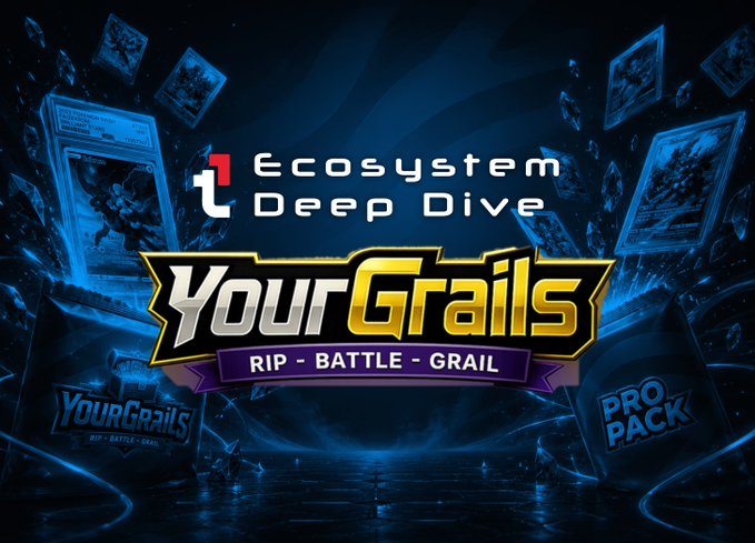 Promotional graphic for 'YourGrails' trading card ecosystem with 'RIP - BATTLE - GRAIL' tagline and 'PRO PACK' booster pack visible.