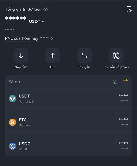 A cryptocurrency wallet dashboard in Vietnamese showing total estimated value in USDT, PNL for the day, and action buttons for deposit, send, transfer, and futures transfer. The balance section displays USDT (TetherUS), BTC (Bitcoin), and USDC with hidden amounts.