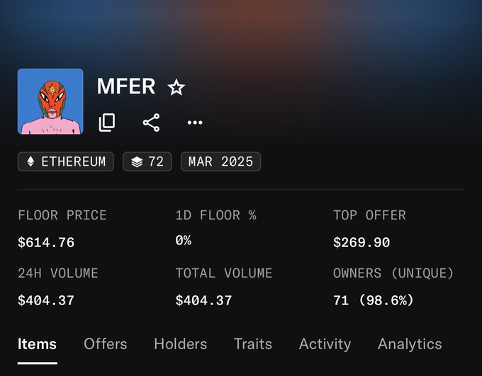 The image shows a marketplace stats page for the "MFER" NFT collection on Ethereum, displaying a floor price of $614.76, 24H volume of $404.37, and 71 unique owners (98.6%), supporting the post's celebration of acquiring a new MFER NFT mint.