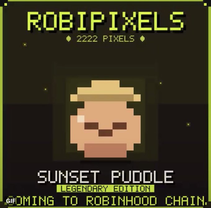 A pixel art NFT-style graphic titled "ROBIPIXELS" showing a character labeled "SUNSET PUODLE LEGENDARY EDITION" with text "2222 PIXELS" and "COMING TO ROBINHOOD CHAIN".