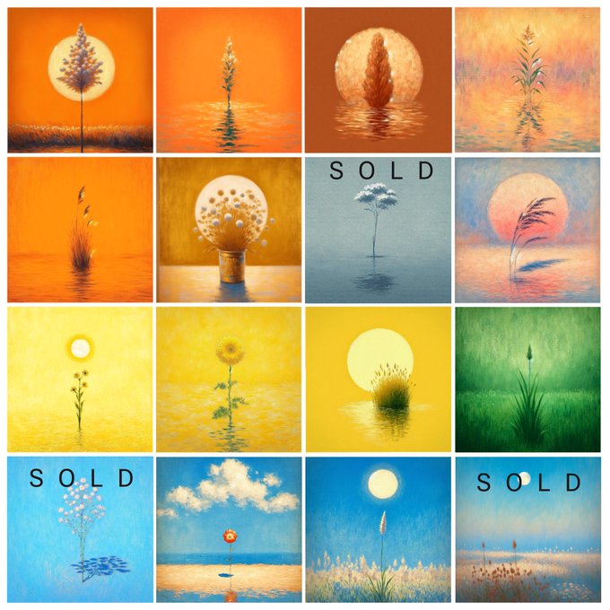 A grid of sixteen small paintings depicts various plants and flowers against glowing suns or moons in warm orange, yellow, and cool blue tones, with three pieces marked 'SOLD'.