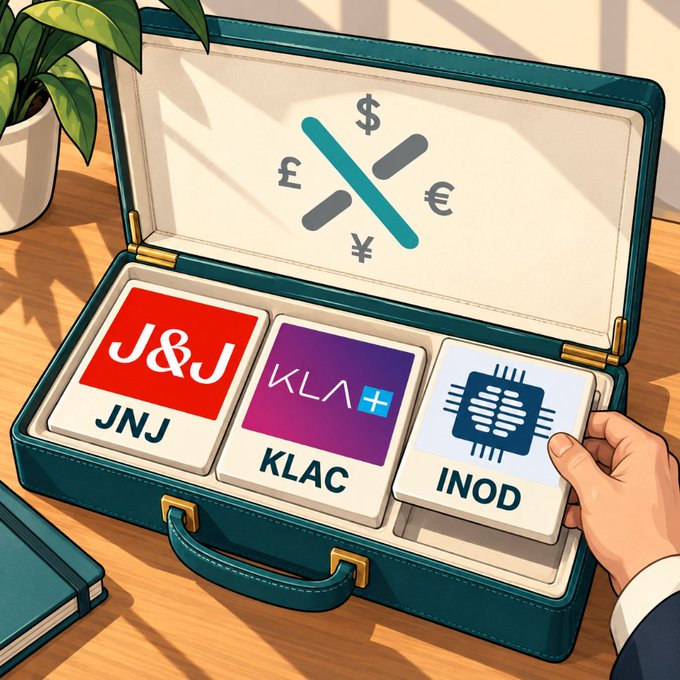 An illustration of an open teal briefcase containing three trading cards labeled 'JNJ', 'KLAC', and 'INOD' beneath a logo featuring currency symbols ($, £, €, ¥) and a teal 'X', with a hand reaching in to grasp one of the cards.