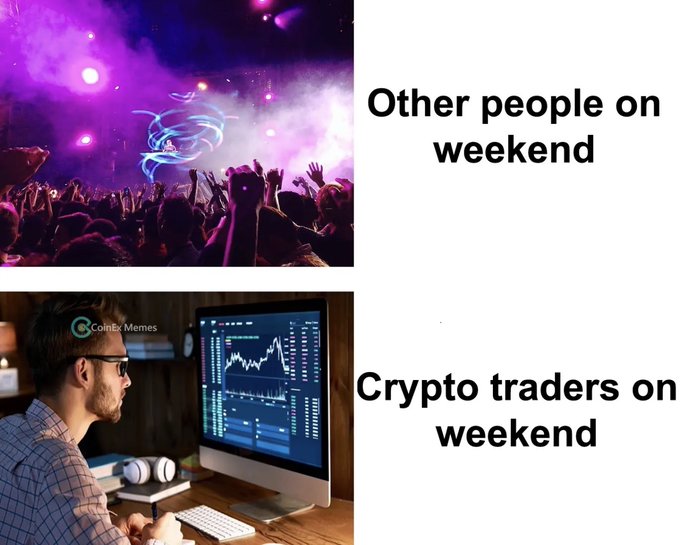 A two-panel meme contrasting 'Other people on weekend' (showing a lively concert crowd with purple stage lights) with 'Crypto traders on weekend' (showing a man intently watching a price chart on a desktop computer), watermarked with 'ComEx Memes'.