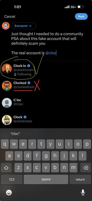 A screenshot of a Twitter post warning about a fake account, showing the real verified account "Clock In" (@clockincoin) circled in yellow and the fake account "Clocked" (@clockedcoin) marked with a red X, with the caption "The real account is @clod" visible at the top.