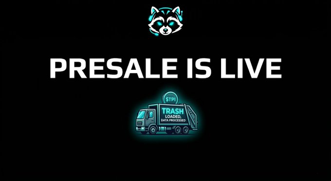 The image features a husky/dog logo above the text "PRESALE IS LIVE" and an illustration of a garbage truck with a stop sign reading "STOP TRASH LOADED DATA PROCESSED," promoting the $TPI coin presale advertised in the post.
