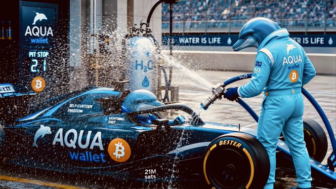A conceptual digital image shows a Formula 1 race car being washed by a crew member dressed in a blue dolphin costume. The car features prominent 'AQUA wallet' sponsorship logos with a Bitcoin symbol, alongside text like 'PIT STOP 2.1' and '21M sats'.