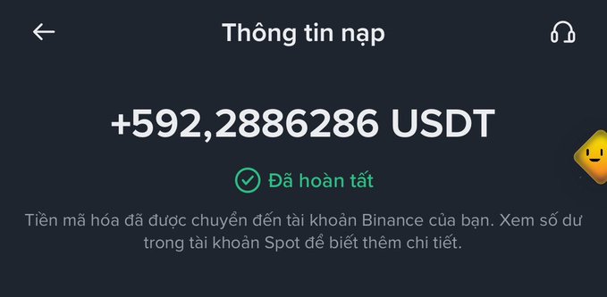 A Binance deposit confirmation screen in Vietnamese showing 'Thông tin nạp' (Deposit Information) with +592.2886286 USDT marked as 'Đã hoàn tất' (Completed).