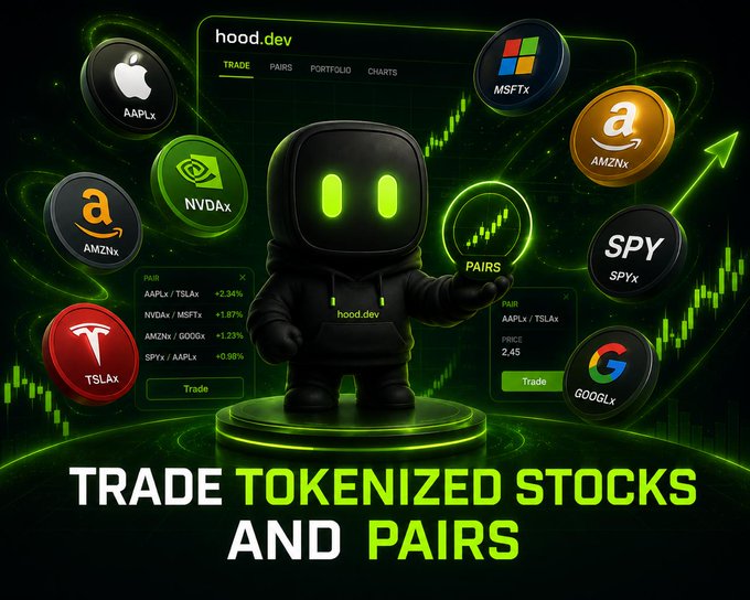 Promotional graphic for hood.dev featuring a hooded mascot surrounded by tokenized stock icons (AAPLx, MSFTx, NVDAx, AMZNx, TSLAx, SPYx, GOOGLx) with the text 'TRADE TOKENIZED STOCKS AND PAIRS'.
