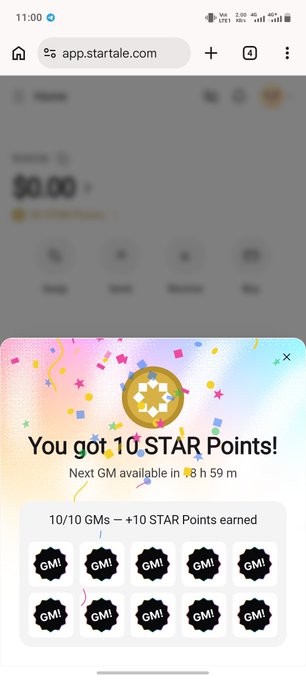 A mobile screenshot from app.startale.com displays a notification 'You got 10 STAR Points!' with a confetti animation and 10 GM! badge icons earned from 10/10 GMs.