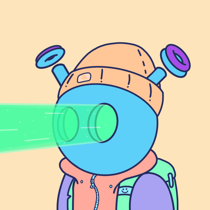 A cartoon character wearing a peach beanie and blue cybernetic goggles emitting a green laser beam against a yellow background.