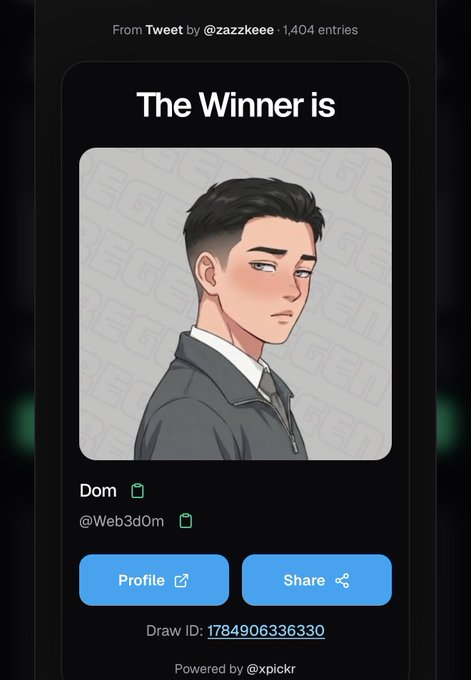 A winner announcement screen from xpickr showing 'Dom (@Web3d0m)' as the winner of a draw with ID 1784906336330, featuring an illustrated avatar.