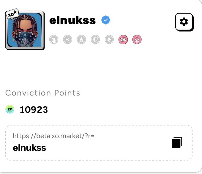 A profile screen for user 'elnukss' with a verified badge, showing 10923 Conviction Points and a referral link to https://beta.xo.market/?r=elnukss on the XO Market platform.