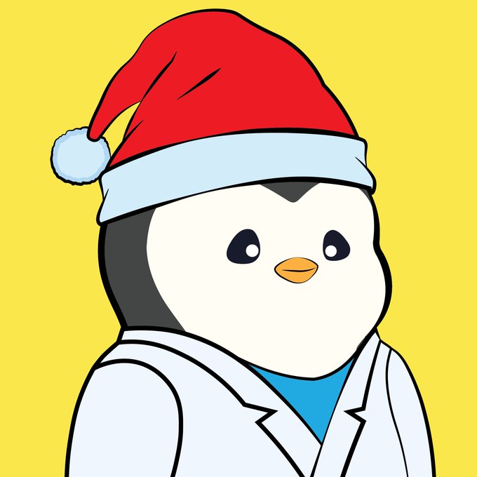 A cartoon penguin wearing a red and white Santa hat and a white lab coat against a yellow background.