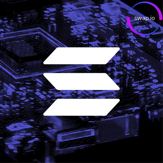 A dark blue, pixelated graphic shows a white stacked-layers logo in the center, with a pink and blue circular 'swap.io' logo in the top right corner.