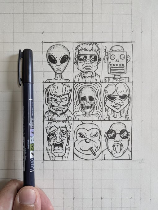 A hand-drawn 4x3 grid on graph paper features nine ink portraits—including an alien, robot, skull, gorilla, and various expressive characters—next to a Tombow Mono drawing pen, illustrating the artist's concern that the composition ended up larger than intended.