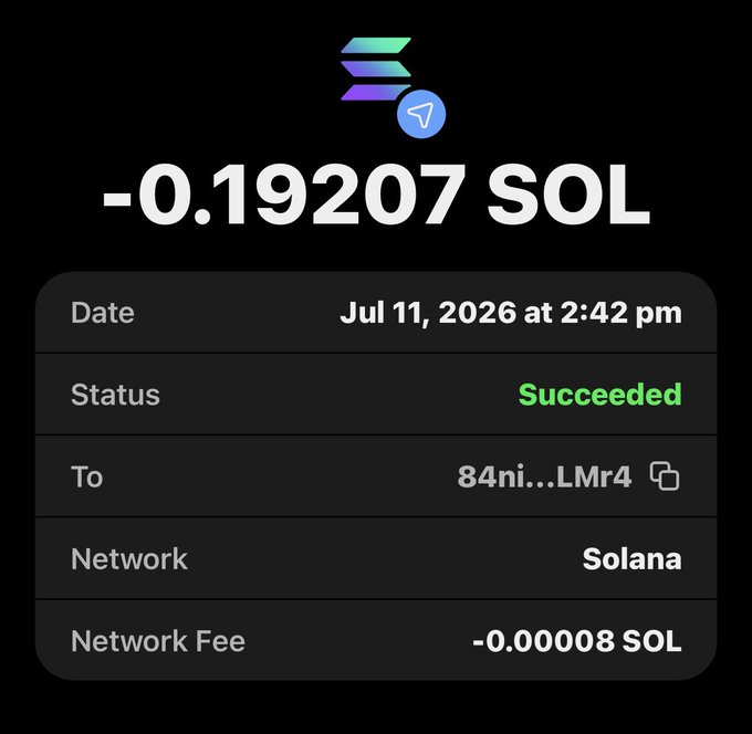 A Solana transaction confirmation showing -0.19207 SOL sent on Jul 11, 2026, succeeded on the network with a fee of -0.00008 SOL, supporting the post's message about sending SOL.