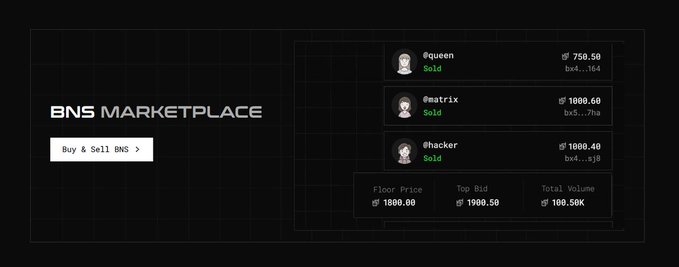 A dark-themed promotional image for 'BNS MARKETPLACE' with a 'Buy & Sell BNS' button, showing username listings (@queen, @matrix, @hacker) with prices and a floor price of 1800.00 BNB and top bid of 1900.50 BNB.