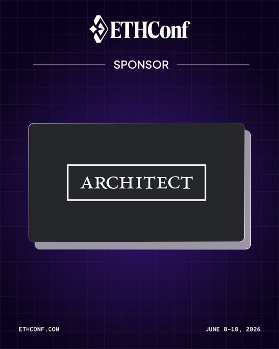 The image features an architect's business card with a purple background and white text that reads "Architect" followed by "Sponor". The card also includes a logo for EthCon, which is a conference related to architecture. The text on the card indicates that the event takes place in NYC from June 8-10, 2026.