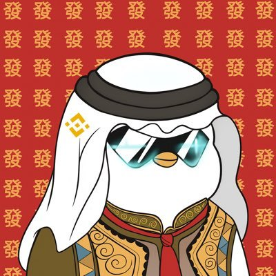 A cartoon penguin wearing sunglasses, a white headdress, and ornate traditional robes stands against a red background patterned with orange "發" (prosperity) characters, with a Binance-style logo on its headwear. The image visually amplifies the post's crypto promotion and contrition, with the prosperous "fa" characters and "30K seen" tying to themes of wealth and missed financial opportunity.