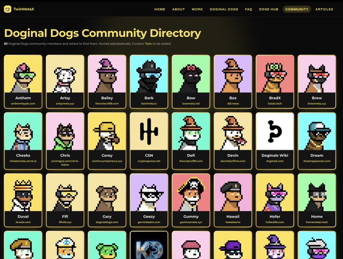 A screenshot of the "Doginal Dogs Community Directory" at TwinMetaX dot xyz, displaying a grid of 60 pixel-art Doginal Dogs avatars with their names (including Anthem, Artsy, Bailey, Bark, Bow, Box, BradX, and Brew in the top row) and corresponding websites, organized alphabetically on a dark background with a yellow navigation header.