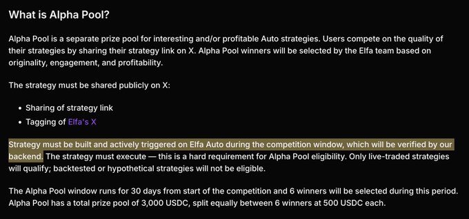 The image displays a section from a competition FAQ explaining that "Alpha Pool" is a prize pool for interesting or profitable Auto strategies, with strategies required to be shared publicly on X, tagged with "Elfa's X," and built and actively triggered on EIfa Auto during the competition window. It notes the Alpha Pool runs for 30 days with 6 winners sharing a total prize of 3,000 USDC, equally split at 500 USDC each—directly supporting the accompanying post's reminder that drafts don't count as entries and live or triggered strategies are required for eligibility.