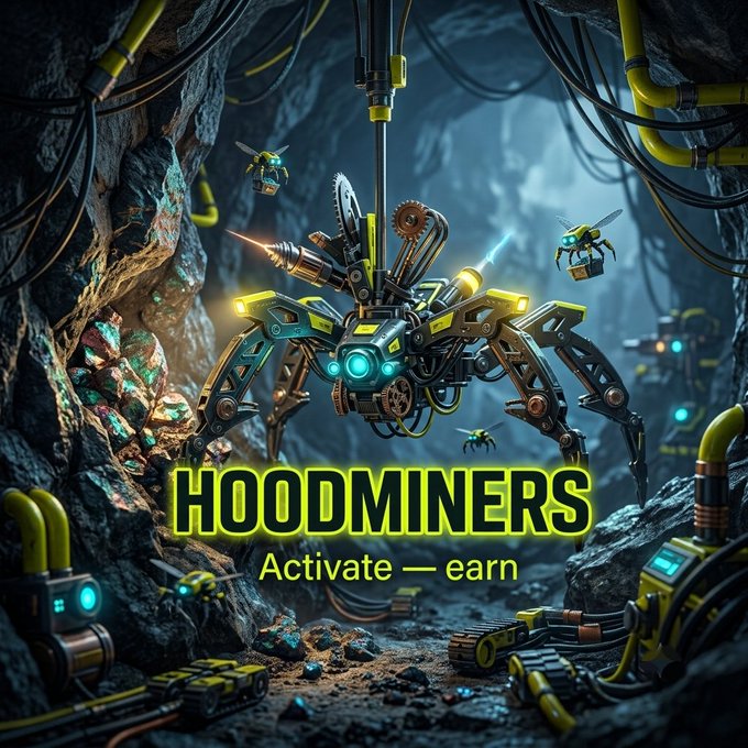 A vibrant sci-fi promotional graphic featuring a mechanical spider-like robot mining in a crystal cave alongside bee drones, with large yellow text reading 'HOODMINERS' and 'Activate — earn'.