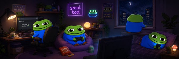 A digital illustration of a cozy gaming room at night featuring multiple green frog-like characters wearing blue beanies, with neon signs reading 'smol tod' and 'IT'S OK TO TAKE A BREAK'.