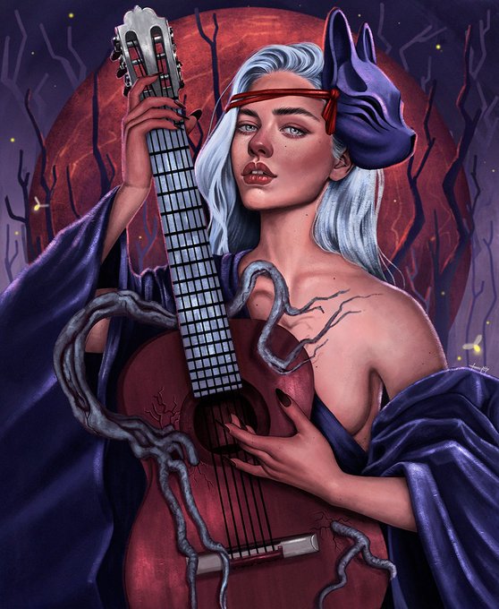 A stylized fantasy illustration of a silver-haired woman with a red headband holding a large acoustic guitar, surrounded by dark purple serpentine forms and a red moon backdrop.