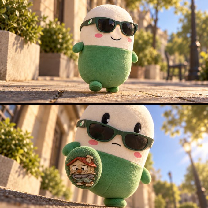 A cute plush mascot with sunglasses and a green outfit is shown on a sunny street, first walking confidently with a smile, then appearing concerned while holding a small wooden house figure—mirroring how the post portrays $CUPSEY as a simple, endearing character collecting attention freely on Pumpfun.