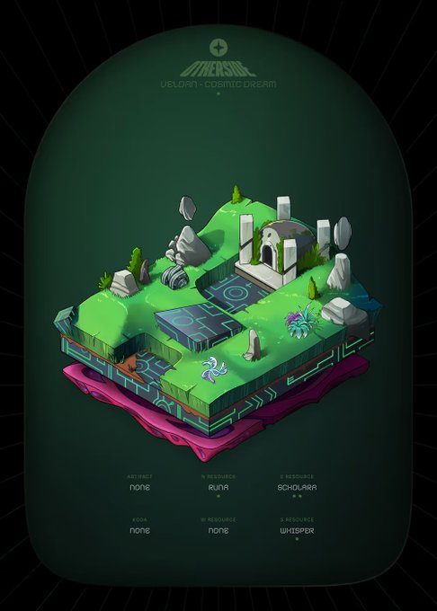 An isometric digital artwork titled "UNREAL - COSMIC DREAM" depicts a floating green landscape with rocks, trees, and structures, labeled with attributes like "R RESOURCE: RUN" and "WHISPER."
