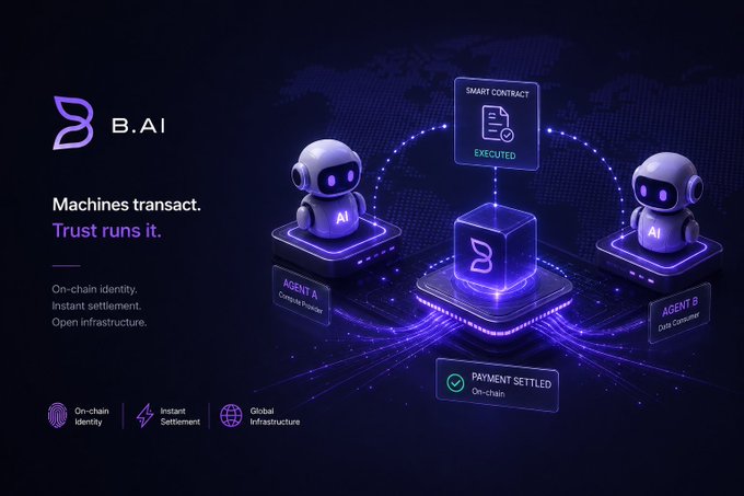 A promotional graphic for B.AI featuring two AI robot figures connected via smart contracts, with text reading 'Machines transact. Trust runs it,' along with features 'On-chain Identity, Instant Settlement, Global Infrastructure.'