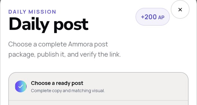 A 'Daily Mission' task card labeled 'Daily post' offering '+200 AP' for choosing a complete Ammora post package and verifying the link.