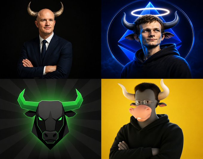 A four-panel collage of meme-style images with bull horns edited onto subjects: a man in a suit, Vitalik Buterin with an Ethereum halo, a neon bull logo, and a man wearing a bull mask and sunglasses.