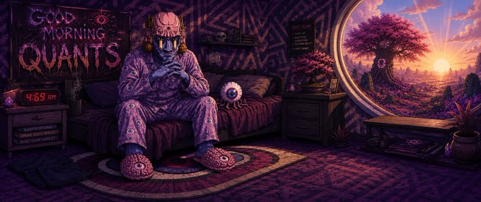 A stylized, purple-toned digital illustration titled 'GOOD MORNING QUANTS' depicting a futuristic character sitting on a bed in a dark room, illuminated by a digital clock reading '4:59 AM' and a circular window looking out onto a vibrant sunset landscape.