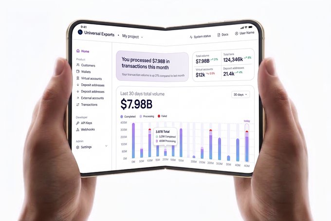 Two hands hold an unfolded iPhone displaying a Universal Exports dashboard, showing $7.98B in processed transactions over 30 days, with menu options like Customers, Wallets, and Deposit addresses. The image playfully illustrates the concept of "watching a payment clear" on Apple's iPhone duo devices.