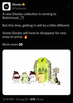 A tweet from 'Gloobs' (@TheGloobs) announcing a new Gloobs collection coming to Robinhood, teasing that some existing Gloobs will disappear for new ones to arrive.