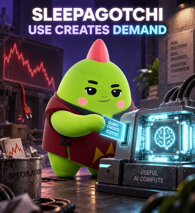 A promotional graphic featuring a green cartoon character with a red tuft, inserting a 'QUERY CREDITS' card into an 'USEFUL AI COMPUTE' machine, with the heading 'SLEEPAGOTCHI USE CREATES DEMAND'.