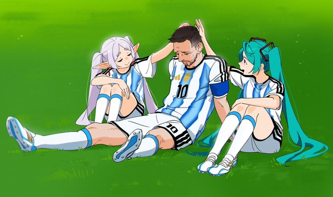 An anime-style illustration of the soccer player Messi wearing an Argentina #10 jersey sitting on green grass, flanked by two anime girls in matching Argentina kits - one with white/lavender hair and pointed ears, the other with teal hair in twin-tails.
