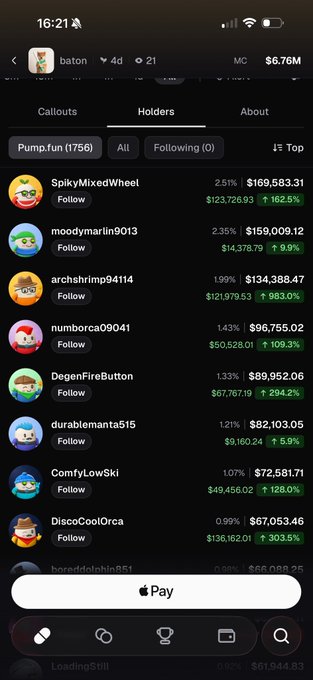 A mobile screenshot of the $baton token's "Holders" tab on a crypto tracking platform, showing top holders including SpikyMixedWheel (2.51%, $169,583.31) and moodymartin9013 (2.35%, $159,009.12) with their positions and profit percentages, while the max bid (MC $6.76M) supports the "looks normal" sentiment in the post.