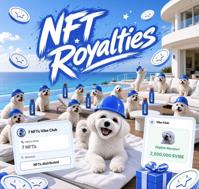 A promotional poster reading 'NFT Royalties' featuring multiple white dogs wearing blue hard hats at a luxury poolside resort, with UI panels showing '7 NFTs Vibe Club' and 'Eligible Member! 2,500,000 $VIBE'.