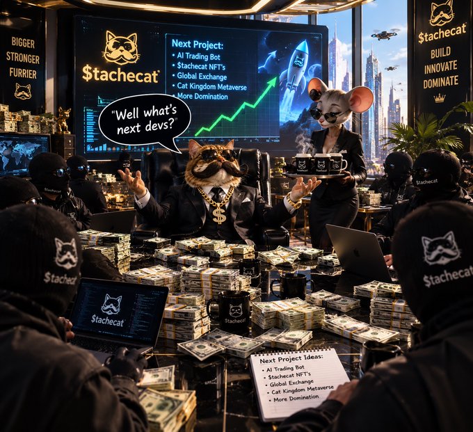 A satirical digital illustration featuring anthropomorphic animals (a cat CEO and a mouse assistant) in a corporate setting surrounded by piles of cash and individuals wearing 'Stachecat' hoodies. A whiteboard lists 'Next Project Ideas' including 'AI Trading Bot', 'Stachecat NFT's', 'Global Exchange', 'Cat Kingdom Metaverse', and 'More Domination'.