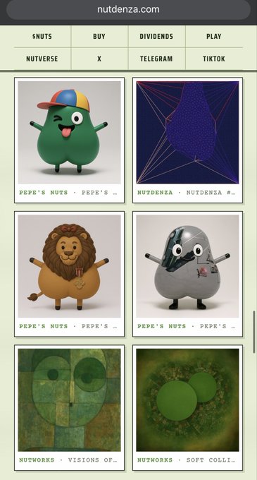The image shows a screenshot of the nutdenza.com website featuring a gallery of stylized green characters and NFT artwork labeled with categories like "$NUTS," "NUTVERSE," "NUTDENZA," and "NUTWORKS," including pieces like "PEPE'S NUTS" and "VISIONS OF..." The collection showcases various Pepe-inspired characters in different forms—wearing a propeller cap, a lion mane, and metallic armor—alongside abstract geometric designs, visually representing the diverse $NUTS token ecosystem and lore referenced in the post's contract address.