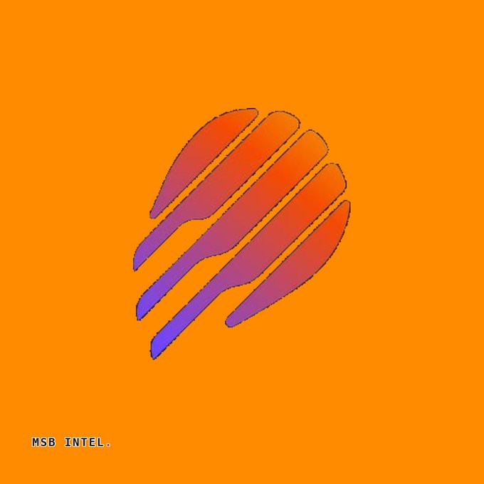 The image features a stylized abstract logo with diagonal brushstroke-like shapes in orange-to-purple gradient against a bright orange background, with "MSB INTEL." text at the bottom left, suggesting it represents a news alert about Meteora DLMM surpassing pump.fun in 24-hour trading volume to become the #11 DEX protocol.