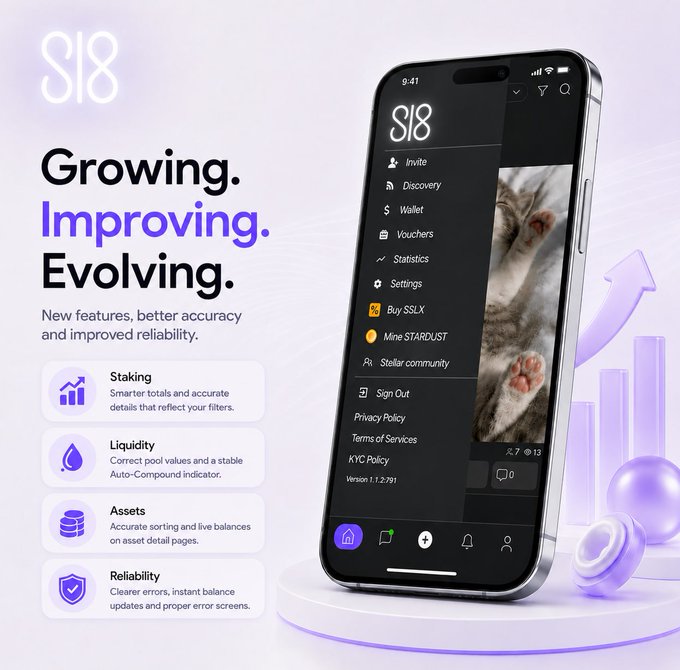 A promotional graphic for the 'S18' app update, featuring the headline 'Growing. Improving. Evolving.' alongside an iPhone displaying a menu with options like Invite, Discovery, Wallet, and Vouchers. It highlights four new features: Staking, Liquidity, Assets, and Reliability.