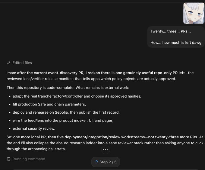 A Discord chat screenshot showing a message with an anime avatar discussing PRs and repository work, including a list of deployment tasks and a 'Step 2/5' loading indicator.