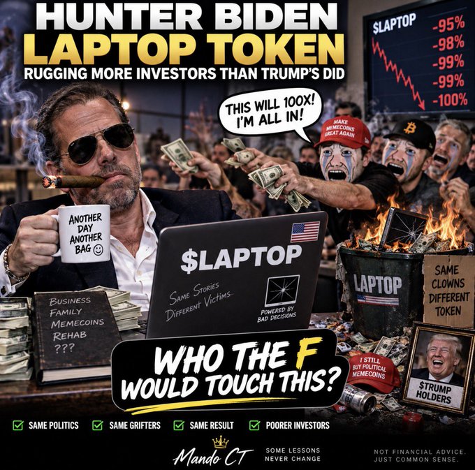 A satirical meme titled 'HUNTER BIDEN LAPTOP TOKEN' by MandoCT, depicting Hunter Biden smoking and holding a 'LAPTOP' mug, with crying investors in MAGA hats and a stock chart showing -95% to -100% losses.